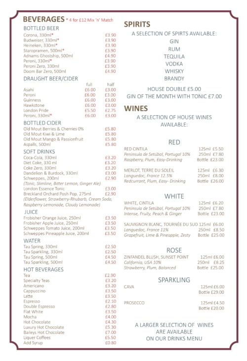 The Old Kings Head beverages and spirits menu featuring bottled beers, draught beer, wines, and soft drinks in Kirton