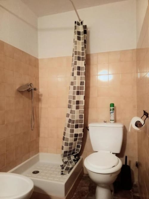 Bathroom in Domaine de Cabrières quadruple room in St Jean Du Gard with toilet, shower area, and decorative mosaic curtain