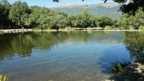 Serene riverside view at Los Espinares B&B in Rascafría, Madrid, with mountain backdrop and lush trees