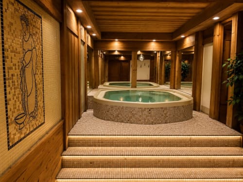 Espace spa luxueux au Chalet des Cimes avec baignoire circulaire chauffée et intérieur en bois en Savoie, France