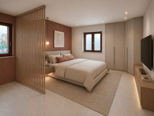 Modern bedroom at Stella CasaBono hotel in Sulmona with bed, wooden partition, and contemporary furnishings