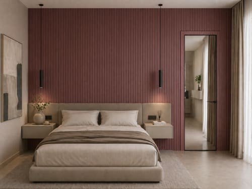 Modern bedroom at Stella CasaBono hotel in Sulmona with burgundy ribbed accent wall, beige upholstered bed, and ensuite