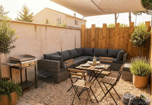 Espace de détente ombragé à la Conciergerie IB villa à Canet-en-Roussillon avec vue sur le jardin