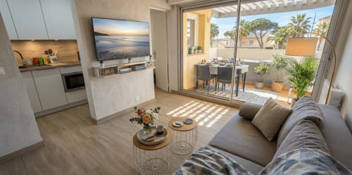 Appartement moderne à la Conciergerie IB à Canet-en-Roussillon avec séjour ouvert, cuisine, canapé et terrasse avec vue sur jardin