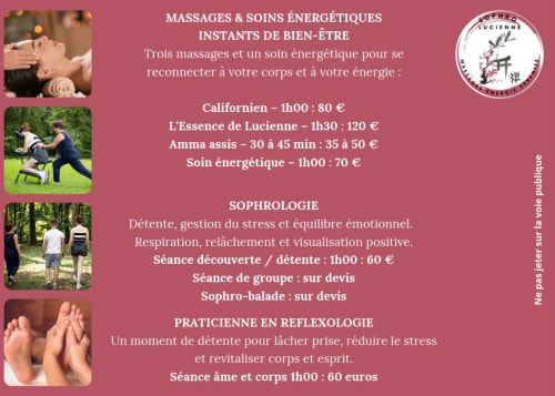 Menu des services bien-être à La Cour d'Hortense : massages, soins énergétiques, sophrologie et réflexologie à Sailly-Flibeaucourt