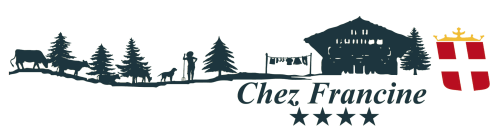 Logo Chez Francine avec panorama alpin, drapeau suisse et notation quatre étoiles à Flumet, France