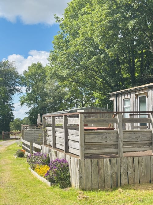 Wooden cabin with covered deck and garden at Postwood Gardens Campsite, Kentisbeare, surrounded by flowering beds and trees