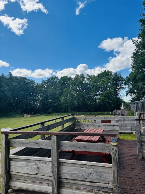 Wooden deck and raised garden beds at Postwood Gardens Campsite, Kentisbeare, with green lawn and trees under blue sky