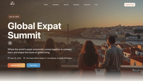 Global Expat Summit landing page showing Lisbon cityscape with Golden Mermaid Villa in Ribeirinha, Portugal on May 7th, 2026