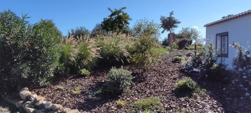 Rustic garden landscape at Monte da Morena agro-tourism property in Serpa with native plants, gravel pathways, and