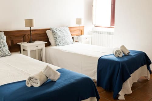 Spacious bedroom at Monte Da Morena with twin beds, blue throws, wooden headboard, and garden view window in Serpa