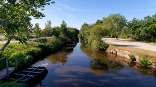 Peaceful river scene with wooden boats at Hôtel Amirauté la baule, surrounded by lush trees and green banks in La Baule,