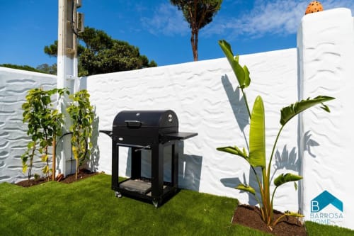 Parrilla de barbacoa negra sobre césped verde con pared blanca texturizada y plantas tropicales en la villa Barrosa Home en España