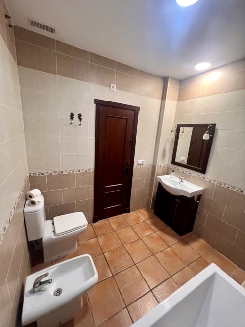 Baño moderno de la villa Barrosa Home con paredes de azulejos beige, puerta de madera oscura, lavamanos, inodoro y baldosas de terracota