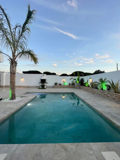 Patio del apartamento Barrosa con piscina turquesa, palmera, muros blancos e iluminación nocturna