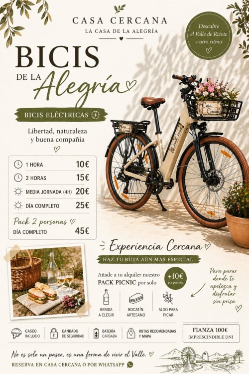 Alquiler de bicicletas eléctricas Casa Cercana en Abarán: tarifas por hora y día con paquetes de picnic