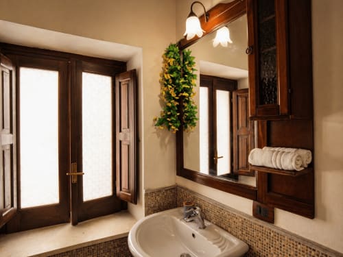 Elegantes Badezimmer im Harmoni Guest House in Siracusa mit Doppelwaschbecken, Spiegel, Holzrahmentüren und dekorativem Blumenkranz