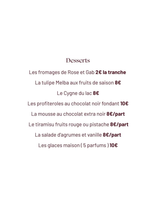 Menu de desserts de l'Hôtel Savoy Le Bourget-du-Lac : fromages, tiramisu, mousse et glaces maison