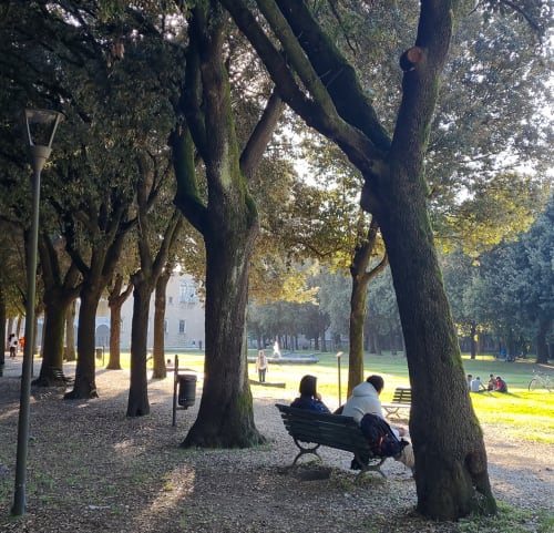 Tree-lined park in Ravenna with benches, people relaxing, green lawn, and historic buildings in background