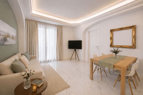 Modern 2-bedroom apartment at Colosseum Exclusive Stay Roma with living area, dining table, sofa, and flat-screen TV