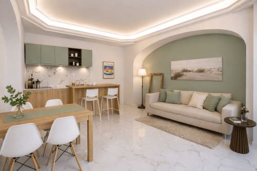 Modern 2-bedroom apartment in Rome with open-plan living, marble flooring, sage green accents, and contemporary furnishings
