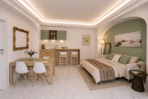 Elegante appartamento con 2 camere da letto al Colosseum Exclusive Stay Roma, pavimenti in marmo, angolo cottura, zona pranzo e verde salvia