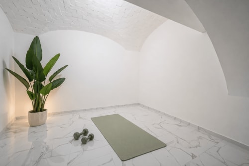 Minimalist wellness room at Colosseum Exclusive Stay Rome with yoga mat, potted plant, and marble flooring