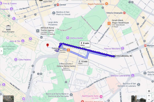 Google Map showing Colosseum Exclusive Stay apartment in Rome, walking route to Via Labicana, 8-13 min distance