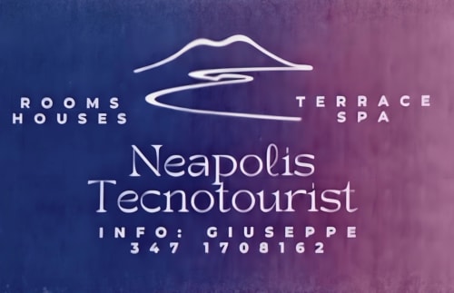 Neapolis Tecnotourist logo with rooms, houses, terrace spa amenities displayed on blue-pink gradient background