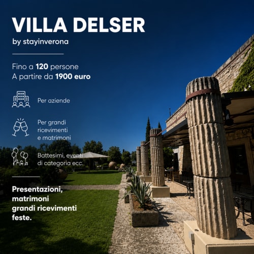 Villa Delser Verona - elegant event venue with stone architecture, manicured gardens, and clear blue sky
