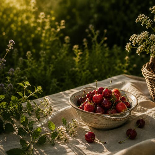 Rote Beeren in einer Keramikschale umgeben von Gartenkräutern im La Maison George, Flavigny sur Ozerain