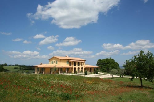 Villa Agriturismo Buriano con facciata in cotto a Lubriano, circondata da campi verdi e papaveri rossi sotto cielo azzurro
