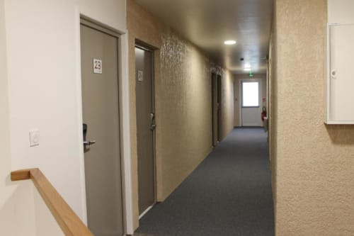 Modern hotel hallway at Libre Hôtel with numbered doors, beige textured walls, carpet flooring, and overhead lighting leading