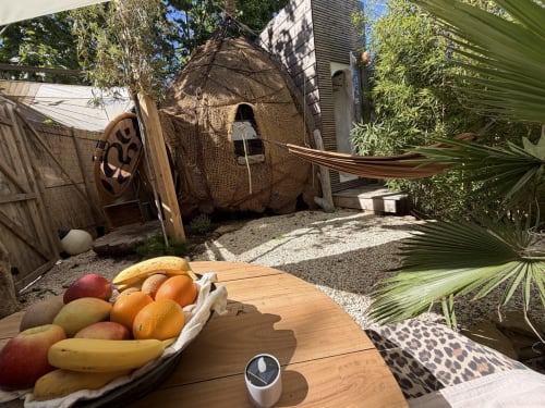 Tropical patio at Le Patio aux Oiseaux B&B in La Ciotat with fresh fruit, hammock, and woven dome shelter