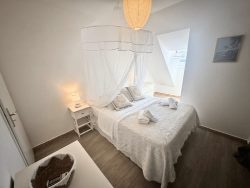 Bright attic bedroom at Horizon Doré in Gourbeyre with canopy bed, skylight, and coastal views