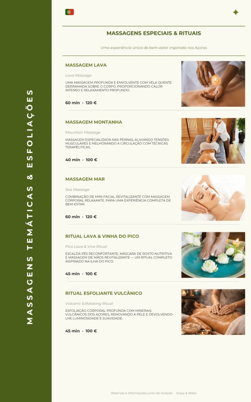 Menu de massagens e rituais especiais no hotel Adega da Quinta, com massagens de lava, montanha e mar inspiradas nos Açores