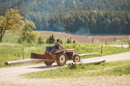 Bauer auf rotem Traktor mit Holzstämmen auf Landstraße bei Kmetija Pečnik in Prevalje, Slowenien