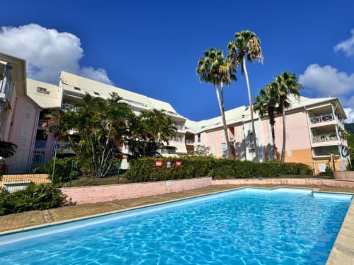 Horizon Doré hotel pool with palm trees and colorful buildings in Gourbeyre, Guadeloupe under blue sky