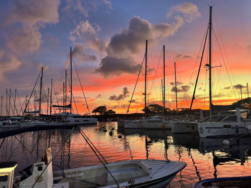 Sailboats moored at sunset in Gourbeyre marina near Horizon Doré hotel, Guadeloupe