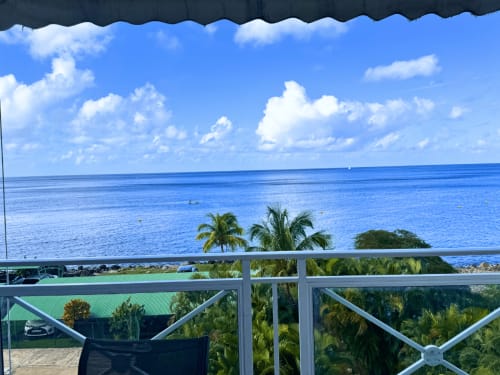 Balcony view at Horizon Doré in Gourbeyre with blue Caribbean sea, palm trees, and sailboat
