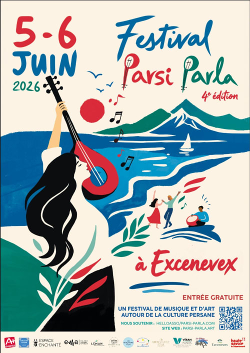 Affiche du Festival Parsi Parla 2026, 5-6 juin à Excenevex avec musique et art célébrant la culture perse