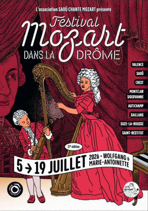 Festival Mozart Drôme poster featuring 18th-century figures with harp, July 5-19 2026, near Grillon France