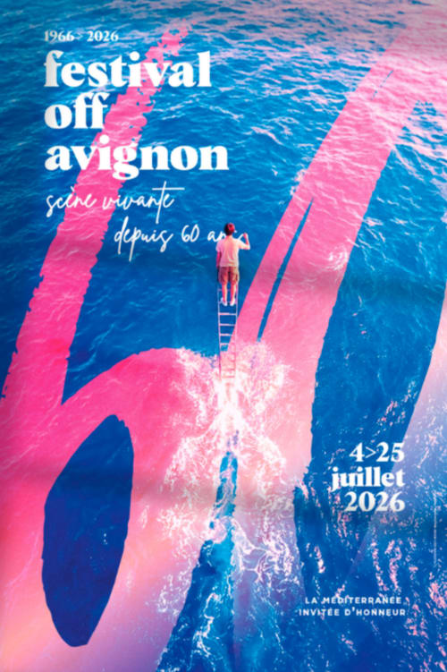 Festival of Avignon 2026 poster with pink geometric shapes and swimming pool