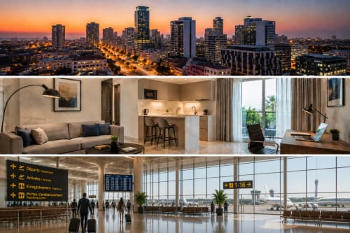DakarByDays hotel in Dakar featuring city skyline sunset, modern apartment interior with kitchen, and airport departure