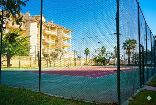 Pistas de tenis del hotel Torre Sol Y Playa en Torremolinos con edificio amarillo y palmeras