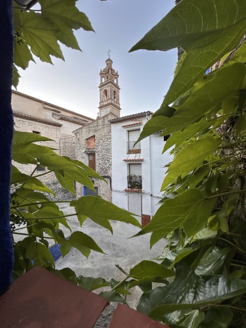 Church bell tower framed by green vines at Casa Gallinera in Alicante, Spain