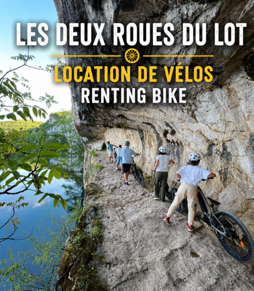 Cyclists on cliffside trail near Saint-Cirq-Lapopie, bike rental service for Maison Lapopie guests exploring Lot valley