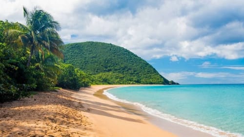 Pristine tropical beach with turquoise waters, golden sand, palm trees and lush green hills near Le Gosier