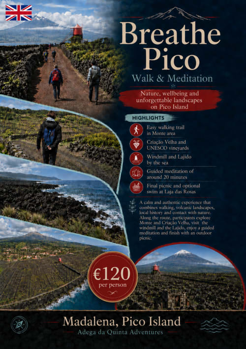 Pôster do passeio e meditação Breathe Pico com paisagens vulcânicas, vinhedos e trilhas de caminhada na Ilha do Pico