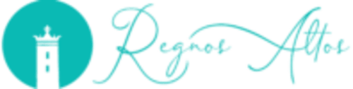 Logo di Regnos Altos Boutique Rooms con icona di faro turchese e testo in elegante corsivo, Bosa Italia
